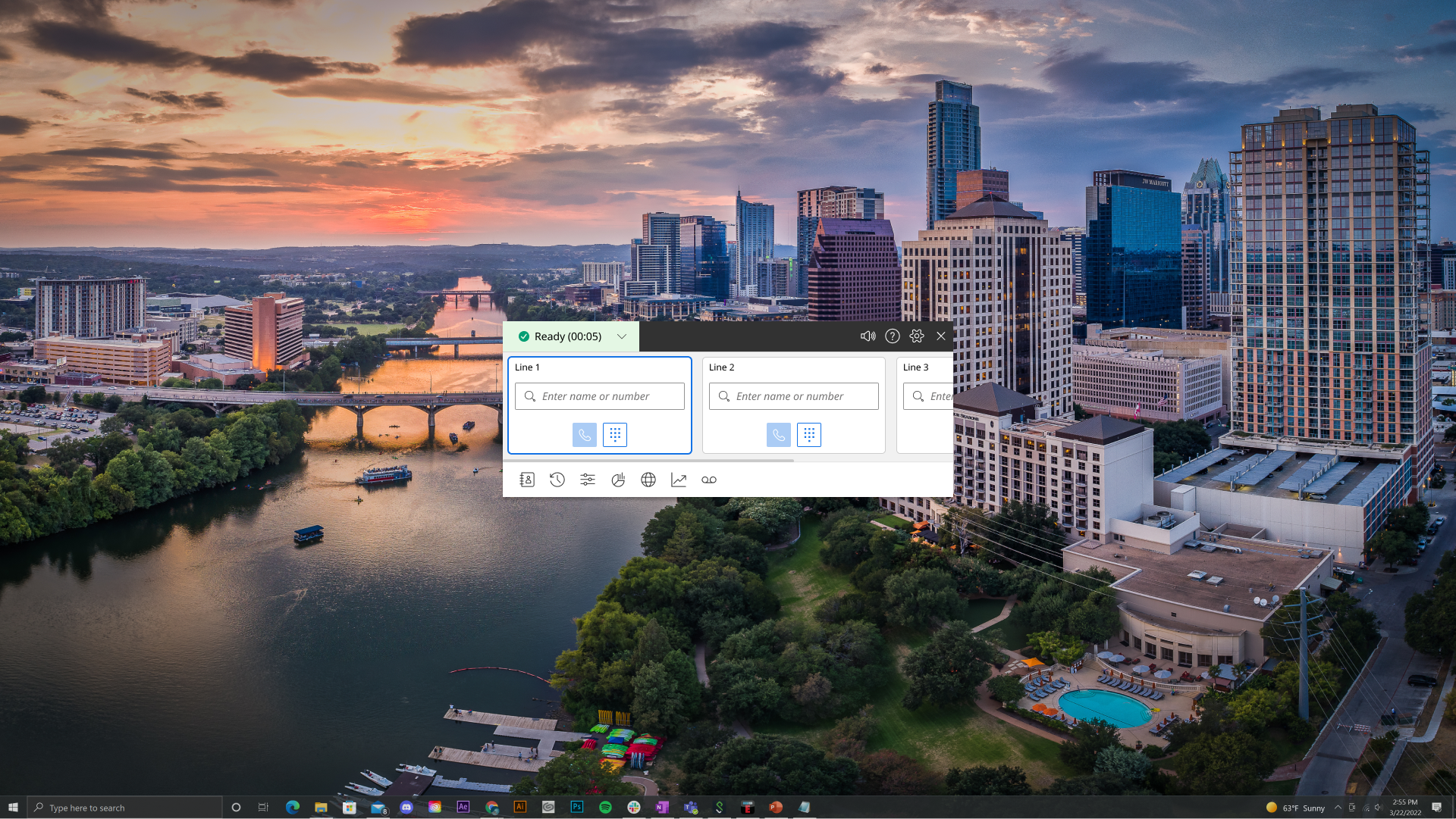 Enterprise Softphone interface displayed over the Austin skyline