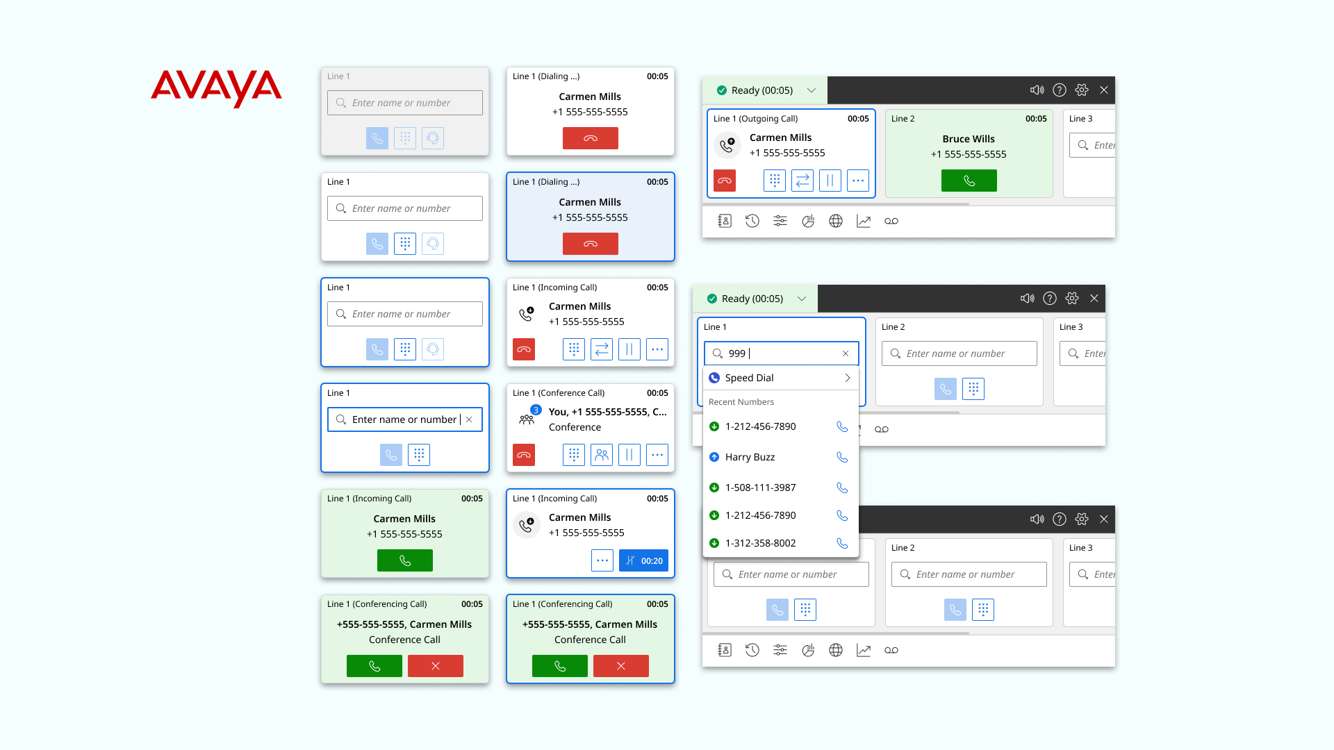 Avaya Enterprise Softphone components and multi-line calling interfaces