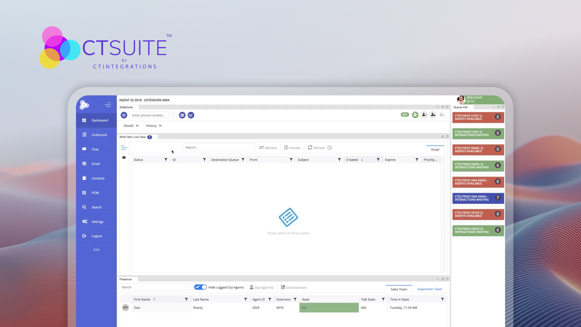 CTSuite contact-center workspace showing email queues, agent presence, and communication tools