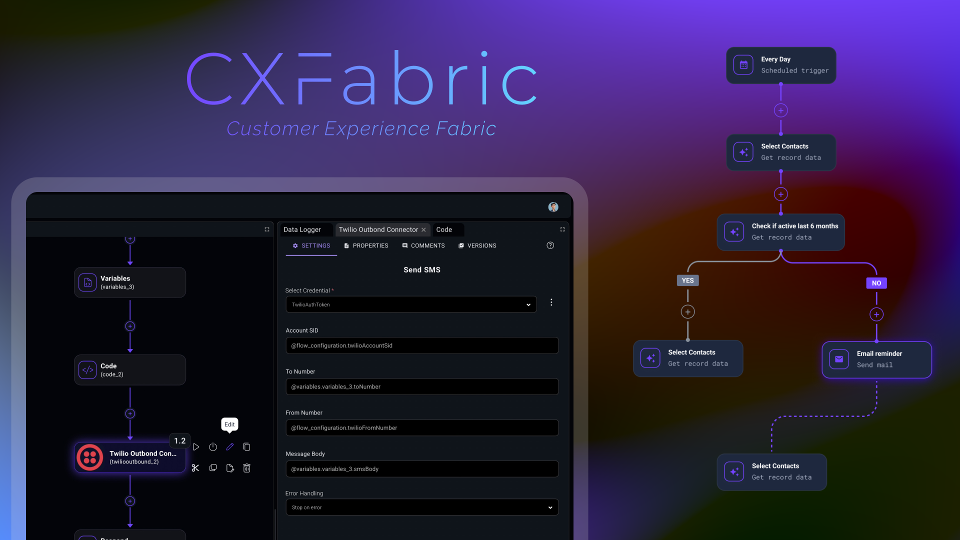 CXFabric AI workflow builder showing workflow configuration and a branching customer automation