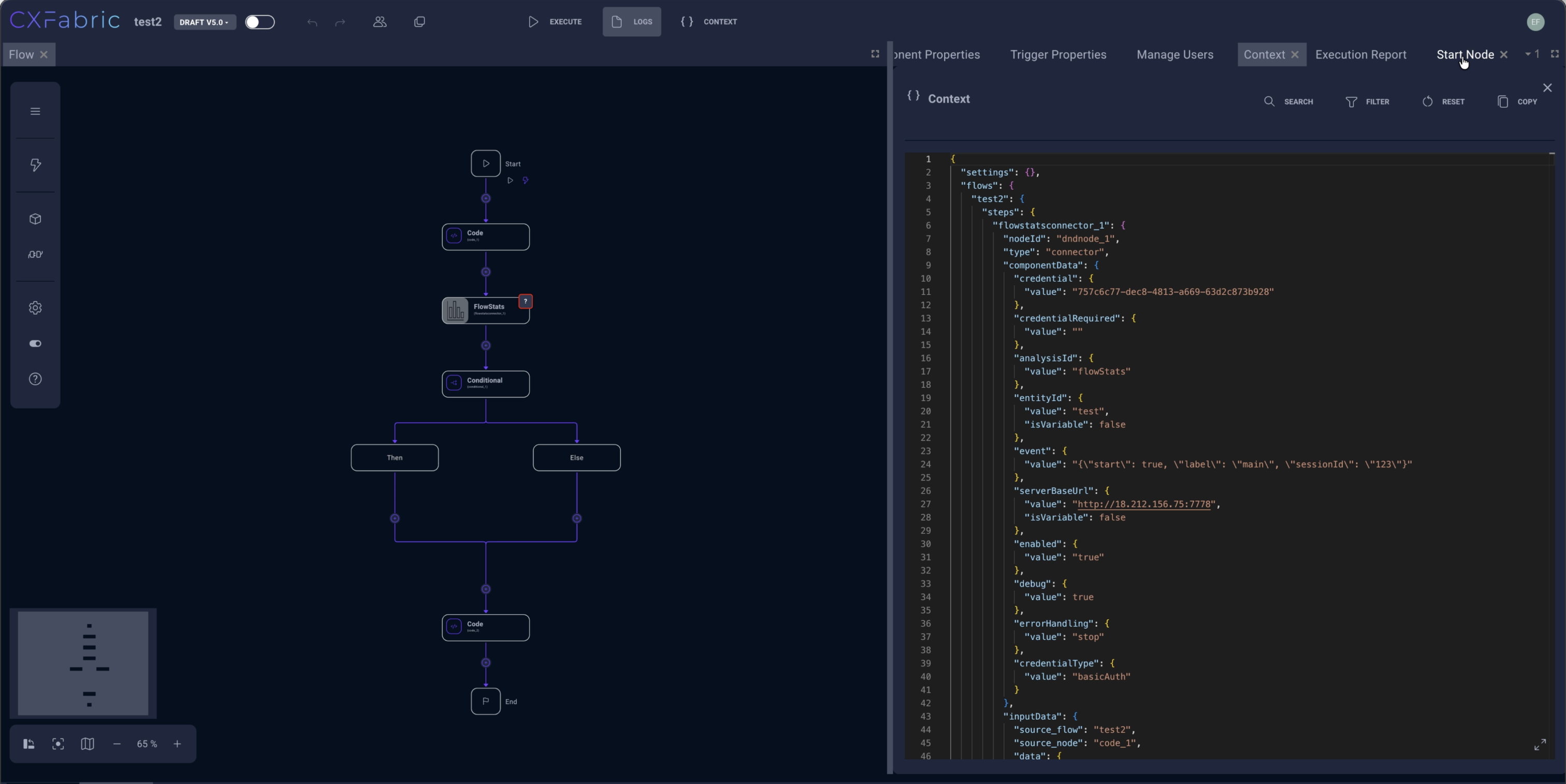 CXFabric workflow builder showing a branching automation flow and its context data
