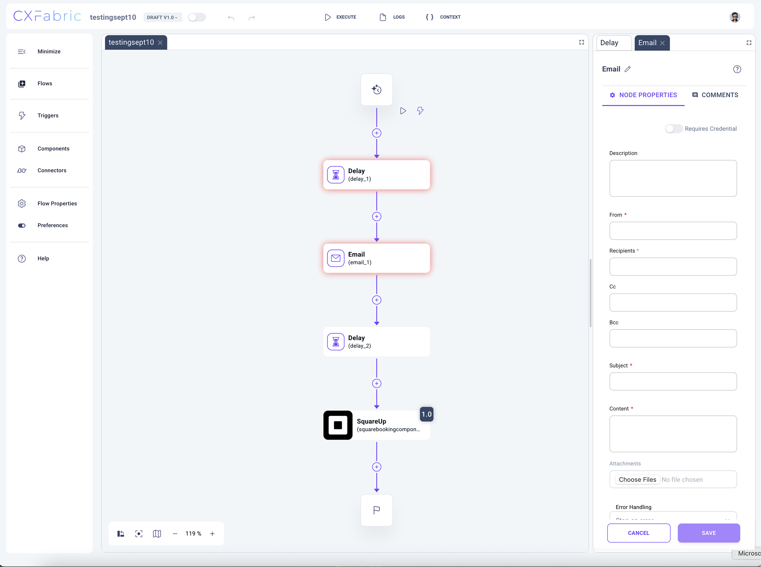 CXFabric workflow builder showing a multi-step automation and the email node configuration panel